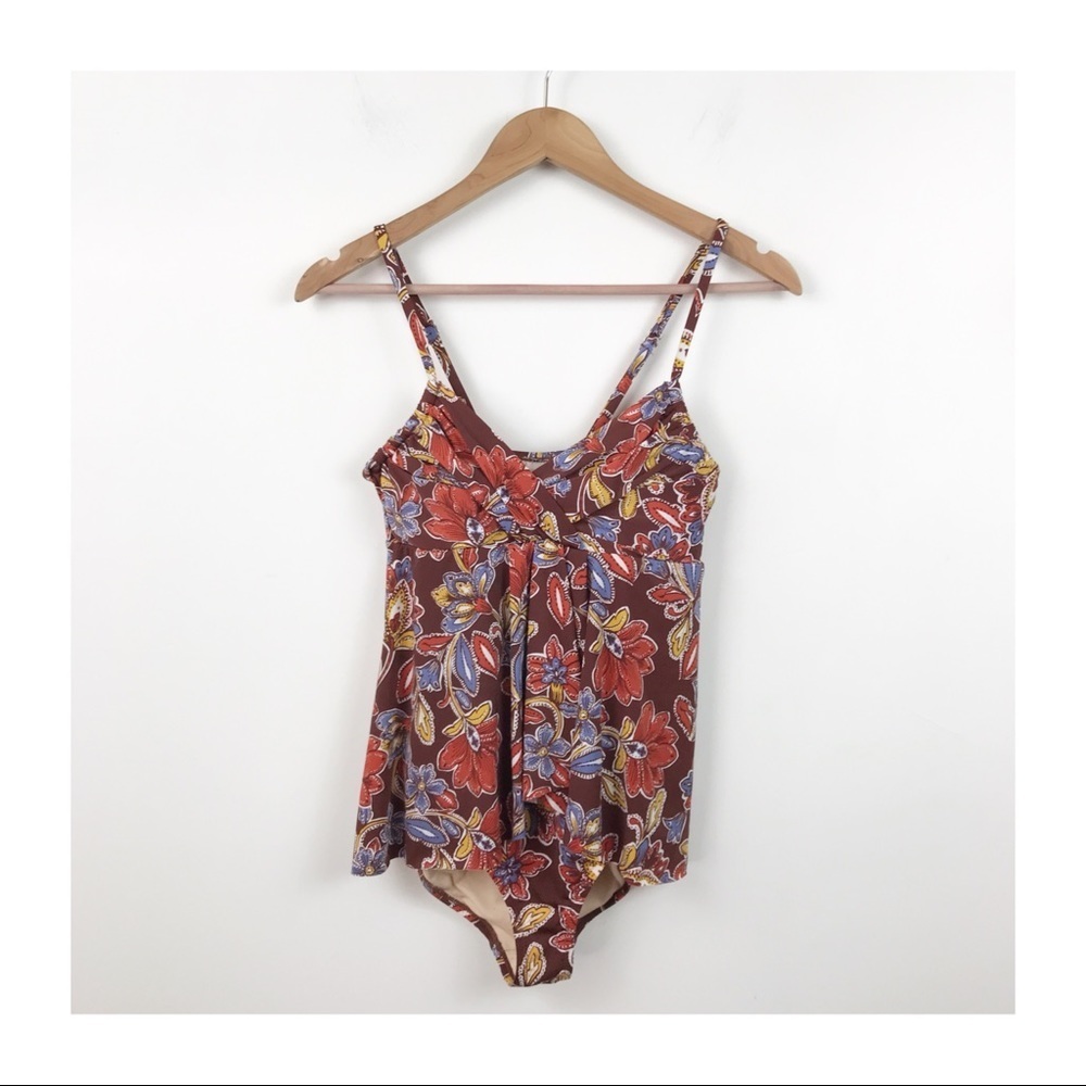 Garnet Hill Brown‎ Floral Tankini One Piece Swimsuit Size 2